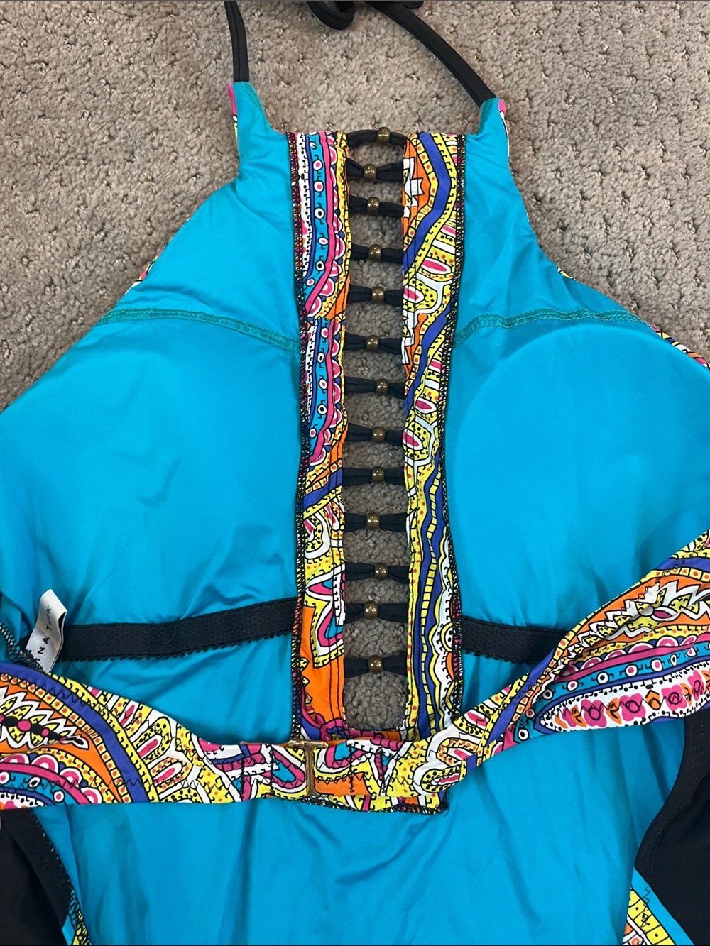 Trina Turk Turquoise & Multicolor Paisley One-Piece Halter Swimsuit Size 6 - Picture 7 of 8